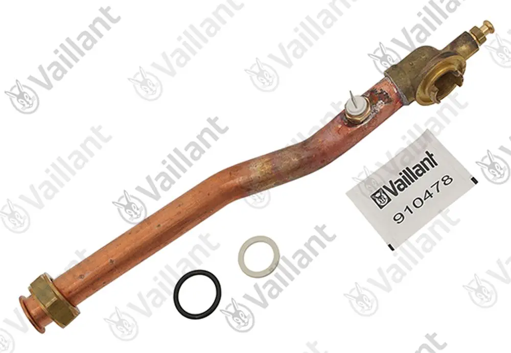 Kupferrohr von Vaillant mit verschiedenen Dichtungsringen und einer Schraubverbindung. Das Rohr hat eine gebogene Form und trägt die Artikelnummer 910478.